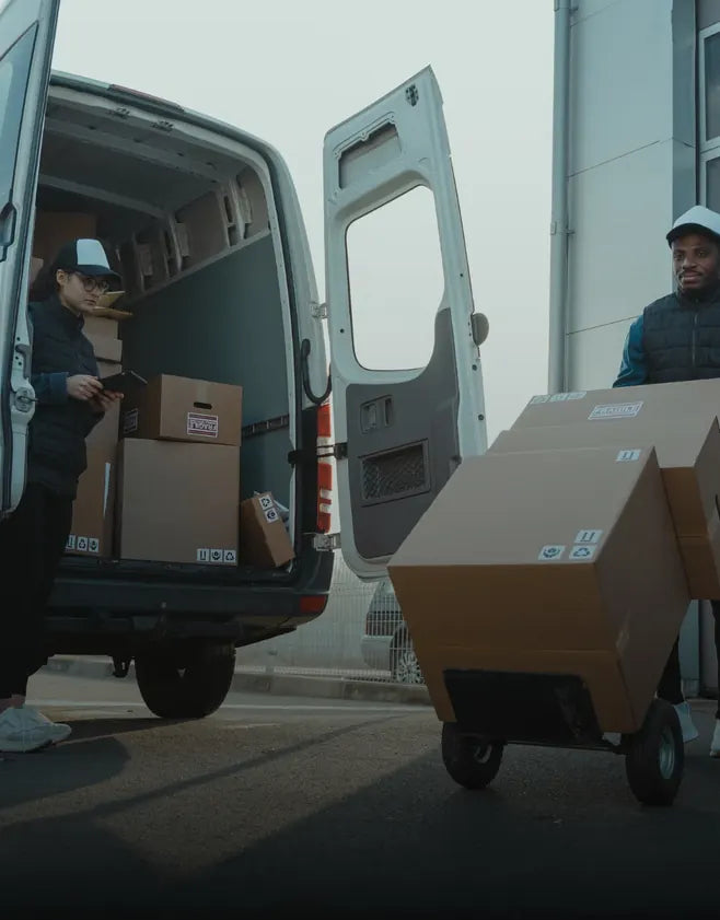 Repartidores cargando cajas en una furgoneta de courier